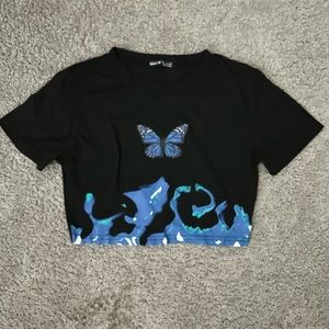 Black cropped t-shirt with blue butterfly design